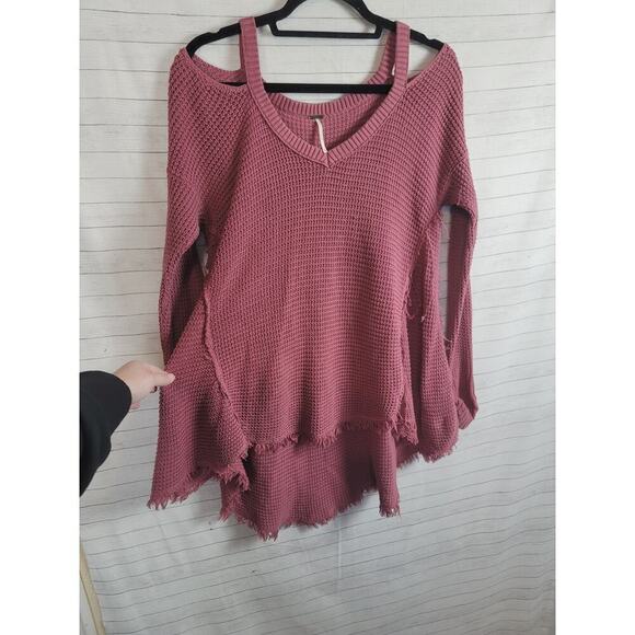 FREE PEOPLE MOONSHINE WAFFLE KNIT COLD SHOULDER SWEATER IN MAUVE, SZ SMALL - Picture 3 of 14